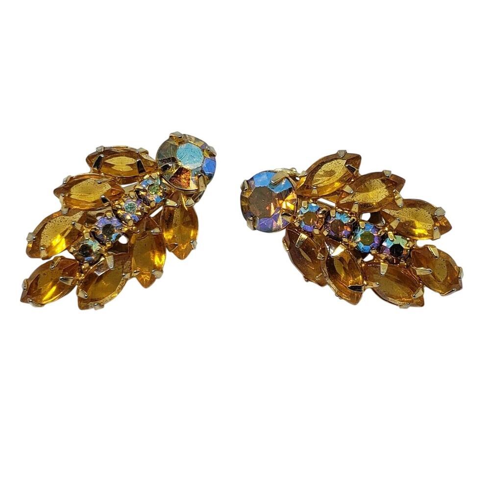 RARE Vintage Earrings clip Juliana Gold AB Leaf Peacock Feather Fall Halloween